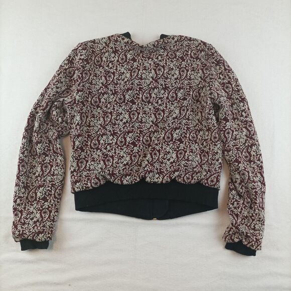 Michaels Kors Womens Paisley Bomber Jacket Sz S Black Burgundy Red Gold Zip - Picture 7 of 7